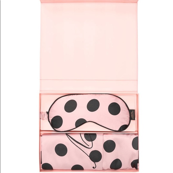 Victoria’s Secret Satin Eyemask & Pillowcase Pink Black Polka Dot NEW - Picture 1 of 5